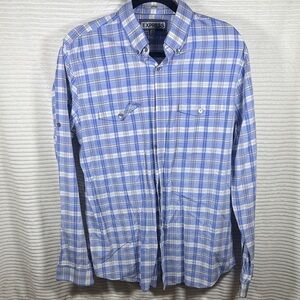 Express Men's Light Blue and White Plaid Shirt